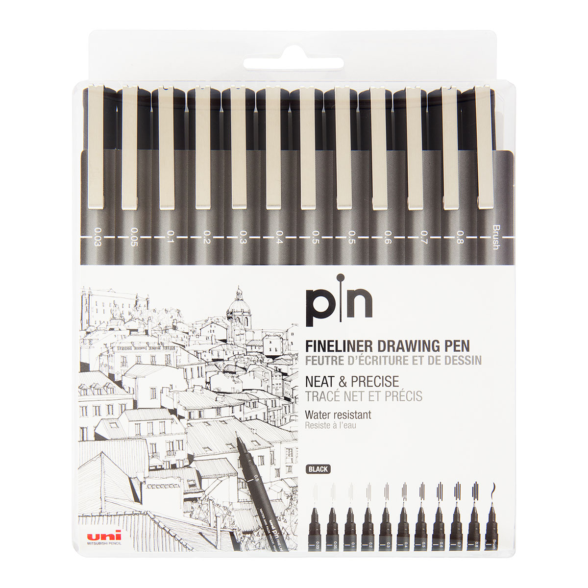 Uni Pin Fine Line Pens 12 Set, Black